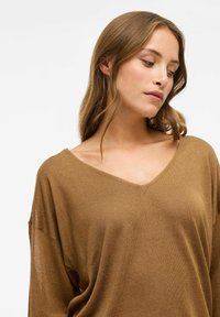 Bruine, loszittende V-halstrui gemaakt van zacht materiaal, met lange mouwen en een ontspannen silhouet. Lichte textuur, minimale details.