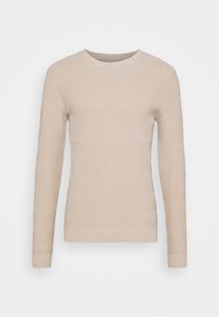 Beżowy sweter z długim rękawem, z teksturowanym splotem, okrągłym dekoltem oraz ściągaczami przy rękawach i u dołu. Wykonany z miękkiego, wygodnego materiału.