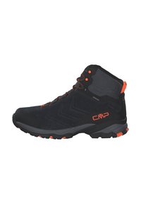 Schwarze Mid-Cut-Wanderschuhe mit orangen Akzenten, aus wasserdichtem Wildleder und Gummi. Verfügt über eine strukturierten Sohle und verstärkte Ösen.