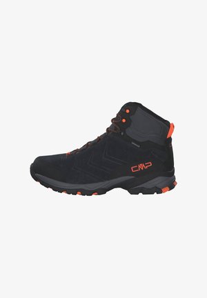 Schwarze Mid-Cut-Wanderschuhe mit orangen Akzenten, aus wasserdichtem Wildleder und Gummi. Verfügt über eine strukturierten Sohle und verstärkte Ösen.