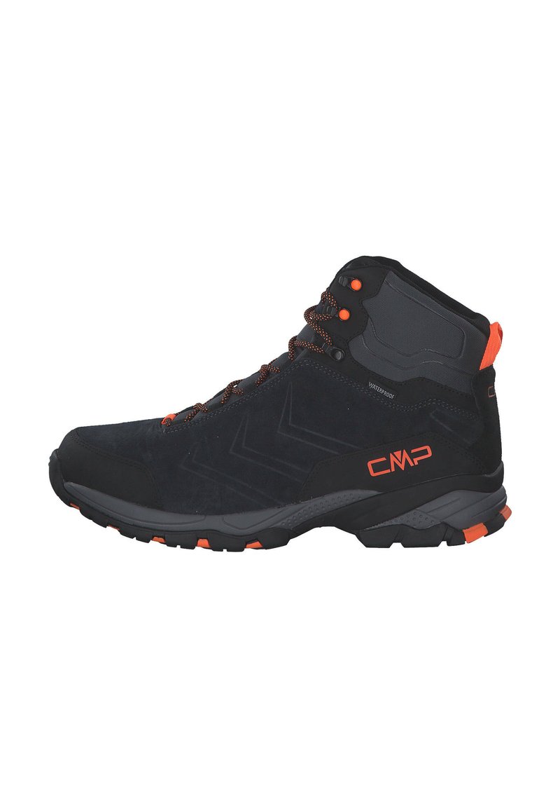 Schwarze Mid-Cut-Wanderschuhe mit orangen Akzenten, aus wasserdichtem Wildleder und Gummi. Verfügt über eine strukturierten Sohle und verstärkte Ösen.
