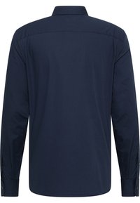 Dunkelblauses Langarmhemd mit umlegbarem Kragen, glatter Textur und geknöpften Manschetten. Standardpassform mit geradem Saum.