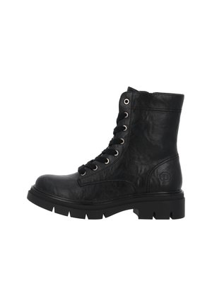 Schwarze Lederkampfstiefel mit Schnürung an der Vorderseite, Metallösen, gepolstertem Schaft und einer dicken, robusten Sohle. Logo auf der Seite eingeprägt.