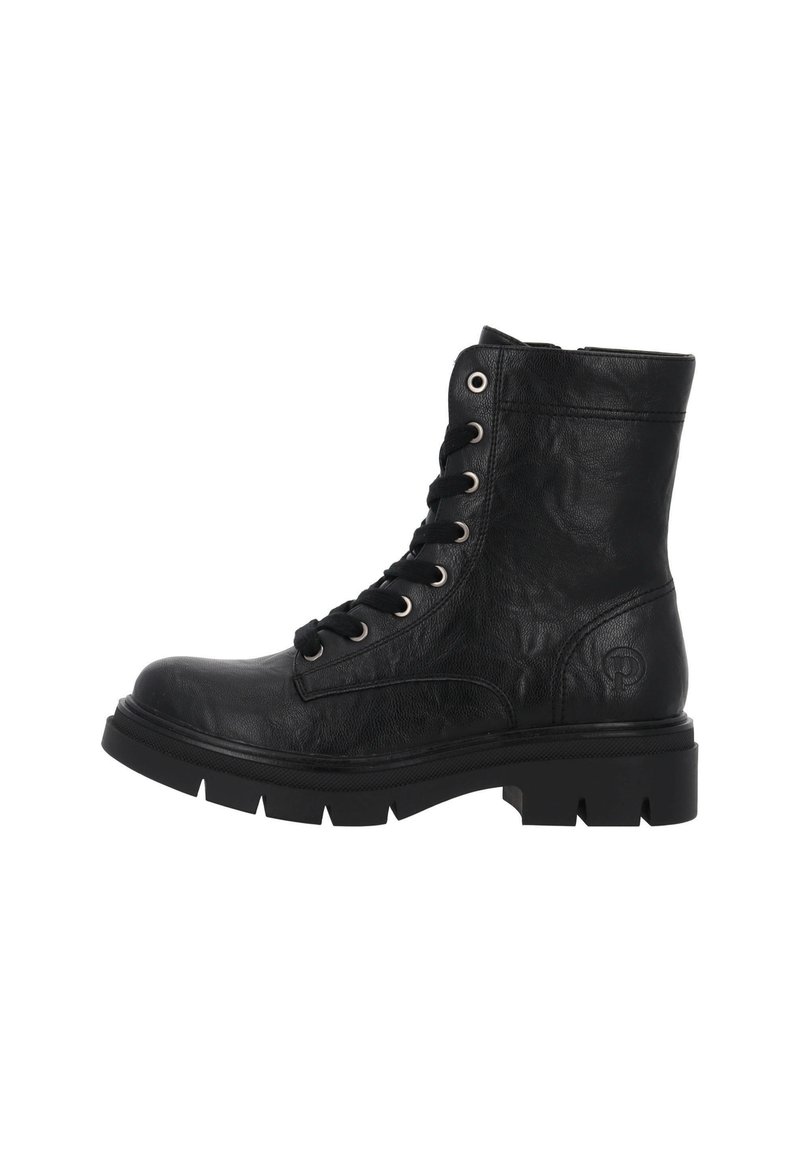 Stivali da combattimento in pelle nera con lacci frontali, occhielli in metallo, colletto imbottito e suola spessa e robusta. Logo impresso sul lato.