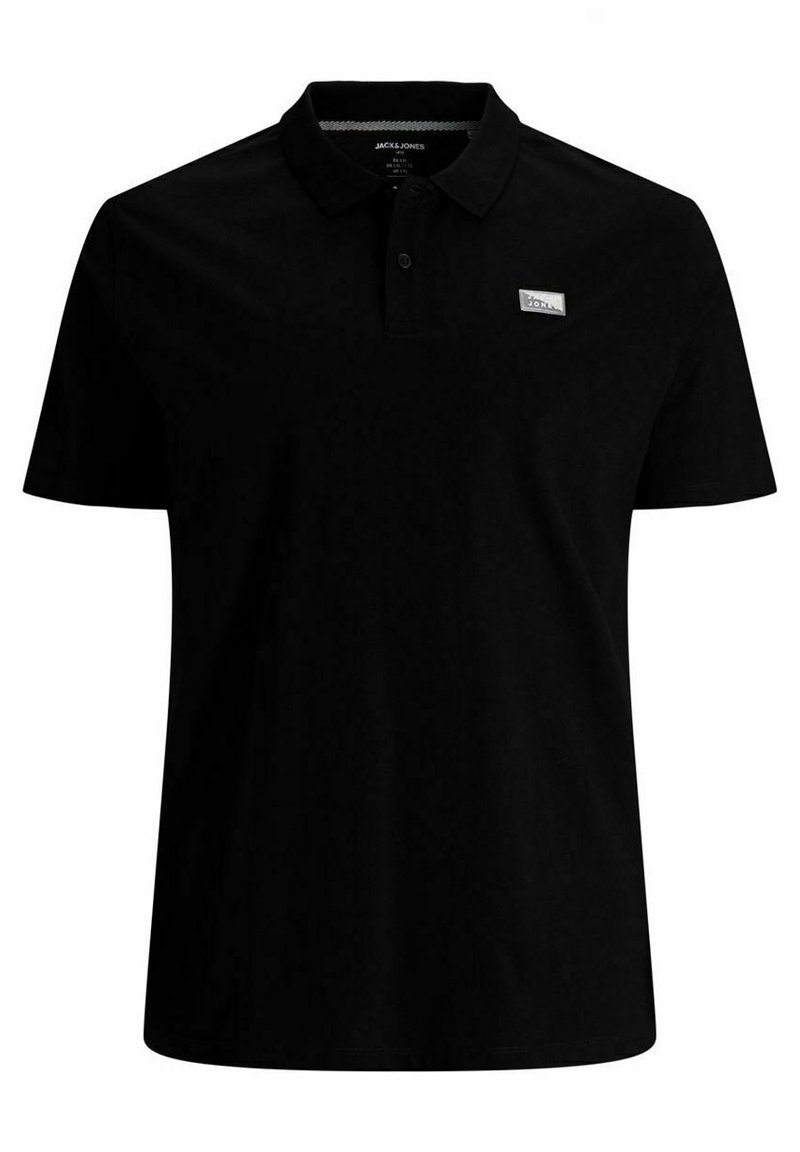 Polo noir à manches courtes avec patte de boutonnage à deux boutons et petit écusson carré avec logo sur la poitrine gauche.