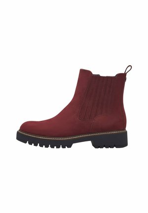 Burgunderfarbene Stiefeletten aus Wildleder mit vertikaler Naht, einem Zuglasche und einer robusten schwarzen Sohle mit Profil.