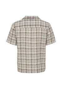Chemise à manches courtes avec motif à carreaux beige, marron et gris, vue de dos avec un ourlet droit et un col plat.