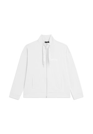 Veste blanche zippée avec col haut, manches longues, deux poches avant et cordons imprimés avec le texte "FREDDY".