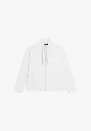 Veste blanche zippée avec col haut, manches longues, deux poches avant et cordons imprimés avec le texte "FREDDY".