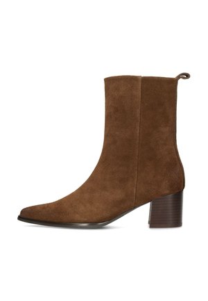 Brown suede ankle boot with a pointed toe, low stacked heel, and a pull tab at the back. Smooth texture with minimal stitching details.