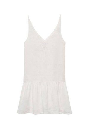 White sleeveless dress with a V-neckline, textured fabric, and a flared hem. Features scalloped edges at the neckline. Simple design.