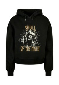 Černá zkrácená mikina s kapucí, na které dominuje výrazná grafika lebky obklopené stylizovanými větvemi a textem "SKULL OF THE NIGHT" ve zlaté barvě.