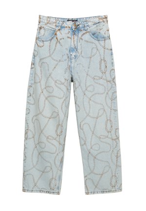 Hellblaue Denim-Jeans mit lockerer Passform, versehen mit einem durchgehenden Seildesign in braunen Nähten und fünf Taschen.