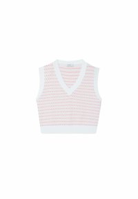 Witte cropped top met V-hals, voorzien van een roze patroon van kleine vormen over het geheel en ribbeltrimming bij de halslijn en de zoom.