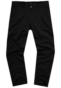 Pantaloni neri con una texture liscia, dotati di chiusura con bottone e tasche, progettati in un taglio dritto con dettagli accentuati minimi.