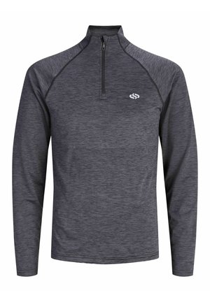 Pull sportif gris foncé à manches longues avec une fermeture éclair quart et un petit logo blanc sur la poitrine gauche, avec une texture de tissu douce chinée.