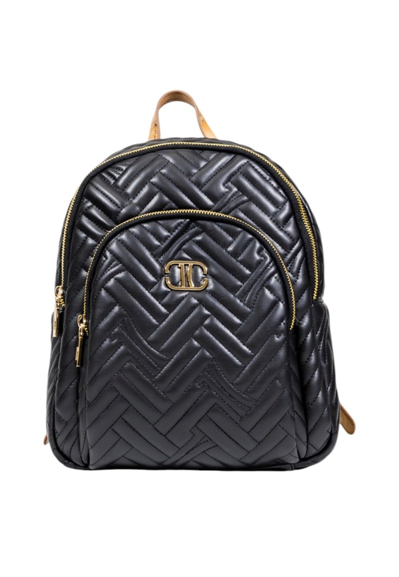 Zaino in pelle trapuntata nera con zip doppia in tono dorato, tasca frontale e manico superiore in tono marrone chiaro.