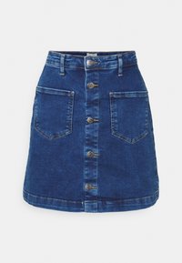 Džínová sukně v tmavě modré barvě, tvar A, s předním zapínáním na knoflíky, dvěma našitými kapsami a kontrastním prošíváním podél spodního lemu.