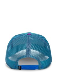 Blue mesh baseball cap with a solid blue adjustable strap, rounded shape, and purple button on top. Airy texture and structured design.