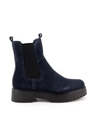 Stivaletti alla caviglia in suede blu navy con pannelli laterali elasticizzati, punta rotonda e suola in gomma nera spessa per trazione. Tab di apertura sul retro.