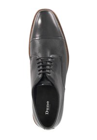 Black leather dress shoe with a smooth finish, textured accents on the upper, lace-up design, and brown sole. Logo visible inside.