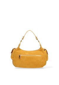 Borsa in suede Color giallo senape con forma curva, manico corto e tasca con zip sul fronte. Finitura testurizzata, design minimalista.