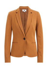 Brun kavaj med en svart knapp, slag med hakk och två framfickor. Mjuk textur, designad för en skräddarsydd passform.