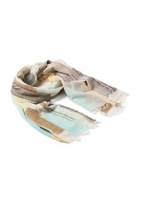 Višebojni šal s prugama u svijetloplavoj, bež i smešnoj boji; izrađen od mekog, laganog materijala s istrošenim rubovima.