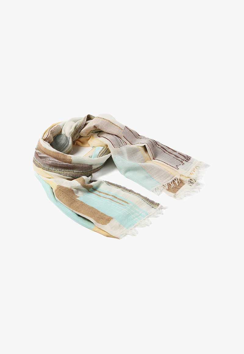 Mitmevärviline sall, millel on helesinised, beežid ja pruunid triibud; valmistatud pehmest ja kergest kangast, mille servad on frantsiisitud.