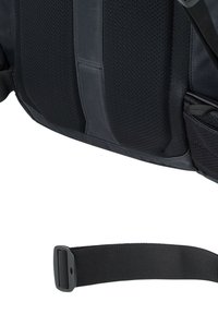 Zwarte rugzak met een mesh rugpaneel en verstelbare strap. Beschikt over padding en getextureerde gebieden voor comfort en ondersteuning tijdens gebruik.