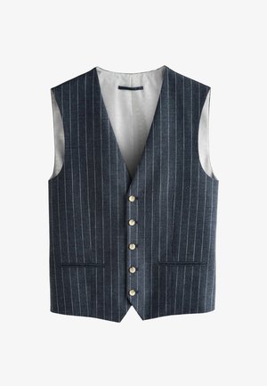 Dark blue pinstriped vest made of textured fabric. Features six buttons, two side pockets, and a smooth light-colored lining.