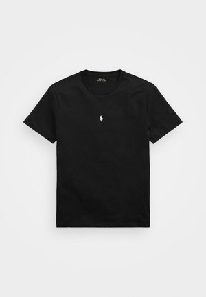 Camiseta negra de manga corta con cuello redondo y pequeño logotipo blanco del caballo de Polo Ralph Lauren centrado en el pecho.