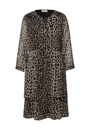 Langærmet knælængde kjole med lagdelt nederdel, gennemsigtigt stof og sort-gråt leopardprintmønster.