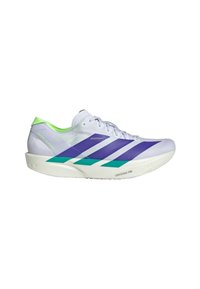 Chaussure de course Adidas blanche et violette avec une doublure intérieure vert clair, des accents bleu sarcelle, et une semelle "Lightstrike Pro" visible en profil latéral.