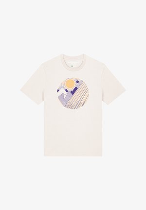 Beige cotton t-shirt featuring a circular graphic design with a yellow sun and purple mountain shapes, accented by diagonal lines in various colors.
