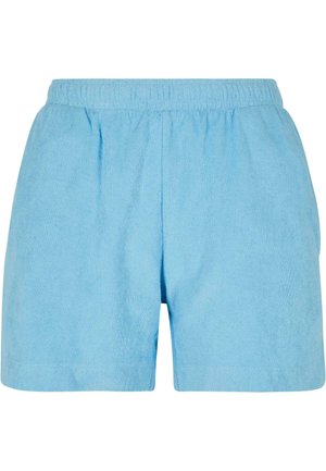 Shorts en coton bleu clair avec taille élastique, coupe décontractée et texture lisse. Comprend des poches latérales et un ourlet simple.