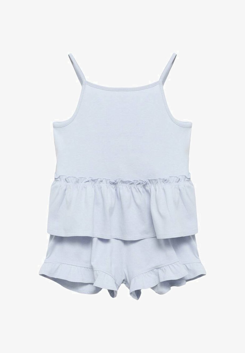 Svetlo modri bombažni komplet dveh delov, ki vsebuje brezrokavni top z nabranim robom in ujemajoče se kratke hlače z nabranim robom.