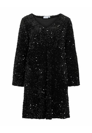 Juoda suknelė su V formos iškirpte, ilgomis rankovėmis ir laisvu siluetu. Paviršius padengtas daugybe blizgančių blizgučių, suteikiančių tekstūruotą išvaizdą.