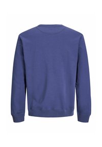 Sweat-shirt bleu uni à manches longues avec poignets et ourlet côtelés, vu de dos sur fond blanc.