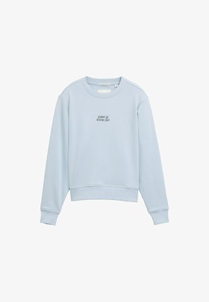 Lichtblauwe, lange mouwen sweatshirt van zachte stof. Heeft een ronde hals en bedrukt met de tekst "WAT IS ER AAN DE HAND" op de voorkant.