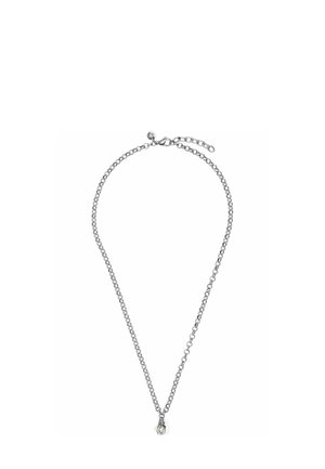 Silver chain necklace with a small round clear gemstone pendant and an adjustable clasp closure on a white background.