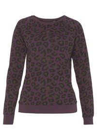 Purple sweatshirt with long sleeves, featuring a black leopard print pattern. Ribbed cuffs and hem with a crew neck design. Soft fabric texture.