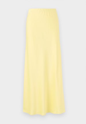 Yellow, knee-length skirt made from smooth fabric with an elastic waistband, featuring a flared design and no visible patterns or hardware.