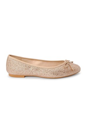 Glittery beige ballet flat with a rounded toe, featuring a small bow at the front and a smooth sole, suitable for casual or dressy occasions.