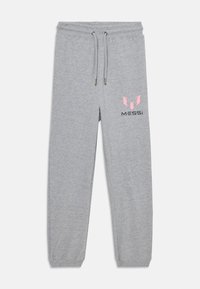 Szare dresy z dzianiny bawełnianej, z regulowanym pasem na sznurki, bocznymi kieszeniami i różową grafiką z logo "MESSi" na lewej nodze.