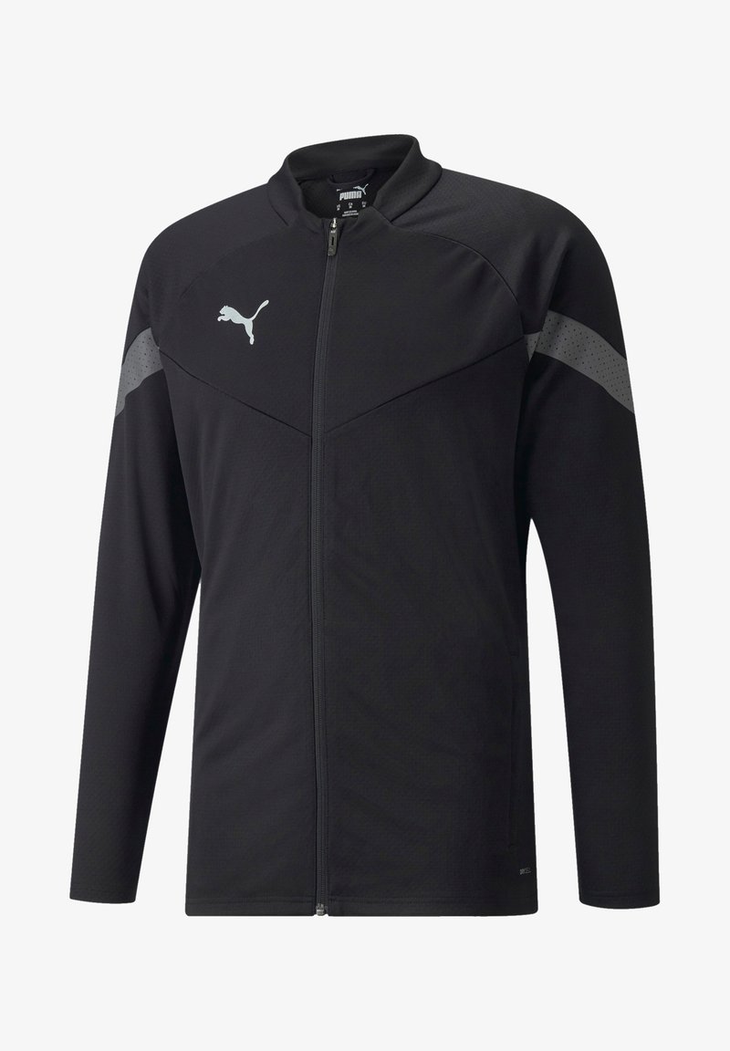 Schwarze Sportjacke mit langen Ärmeln, Reißverschluss und Stehkragen. Verfügt über ein strukturiertes Muster auf den Schultern und ein silbernes Logo.