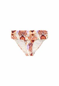 Badehosen mit einem mehrfarbigen geometrischen Muster in Orange-, Lila- und Grüntönen. Hergestellt aus weichem, leichtem Stoff mit einem umklappbaren Bund.