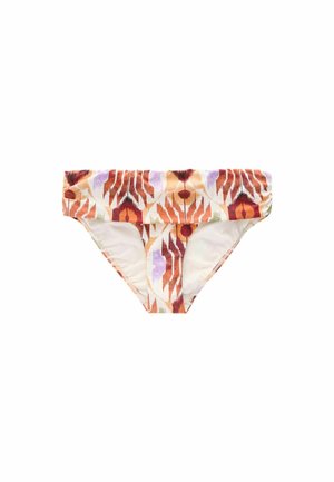Baddräktbottom med ett flerfärgat geometriskt mönster i orange, lila och gröna nyanser. Tillverkad av mjukt, lätt material med en vikbar midja.