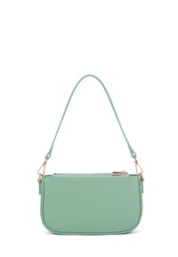 Borsa a mano in pelle verde menta con chiusura a zip, forma tondeggiante, tracolla regolabile e dettagli in hardware dorato. Texture liscia, design minimale.