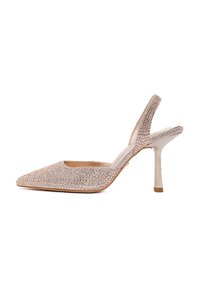Roségoldene Slingback-Pumps mit spitzem Zehenbereich, bedeckt mit funkelnden Strasssteinen, und featuring einem glatten, strukturierten Absatz.